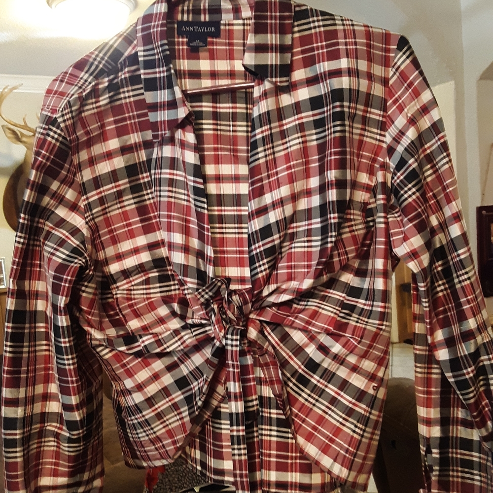 Ann Taylor taffeta plaid wrap around blouse